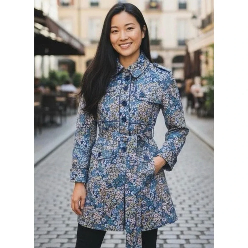 Elevenses Floral Trench Coat Women M 10 Blue Botanical Belted Jacket Cottagecore